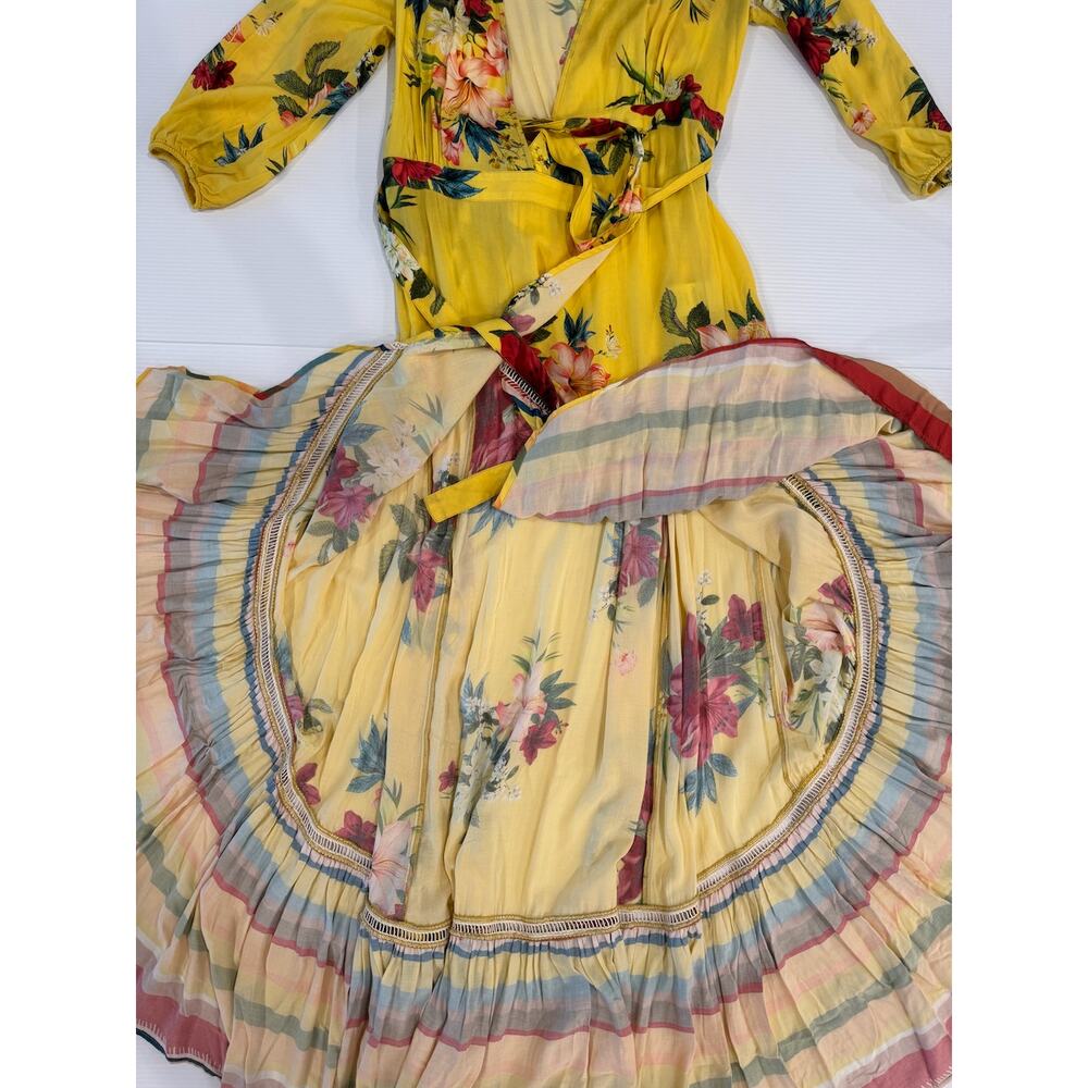 FARM Rio Anthropologie Marketplace Wrap Dress XS Yellow Floral Maxi Resort Boho - Picture 8 of 16